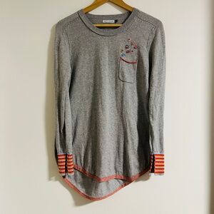 Zaket & Plover Gray Long Sleeve Sweater with Striped Accents and Embroidery
